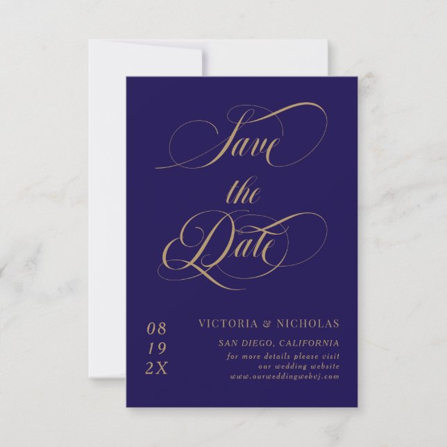 Save The Date Mariage Romantique Élégant Bleu de Cobalt (Devant)