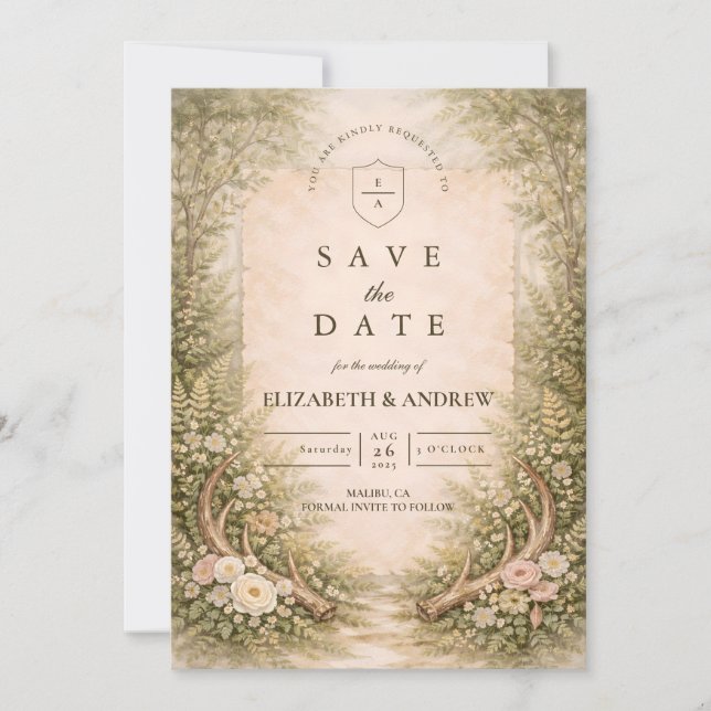 Save The Date Mariage Romantique en Forêt de Bois de Cerf (Devant)