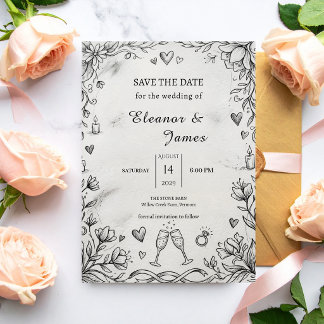 Save The Date Mariage Romantique Rustique Dessiné à la Main