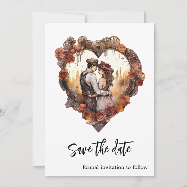 Save The Date Mariage Romantique Steampunk Cœur (Devant)