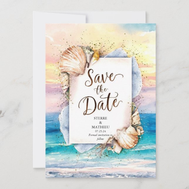 Save The Date Mariage romantique sur la plage peint par Sandy (Devant)