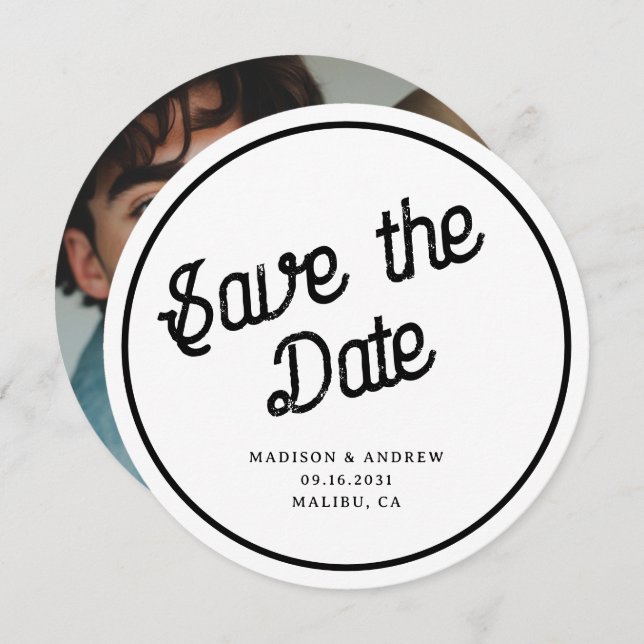 Save The Date Mariage rond circulaire photo personnalisé de scri (Devant / Derrière)