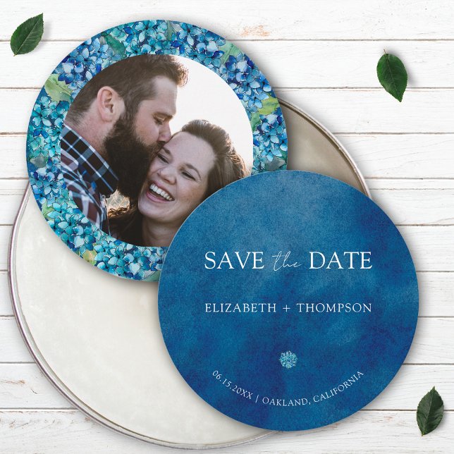 Save The Date Mariage Rond Moderne aux Hortensias Bleus (Créateur téléchargé)