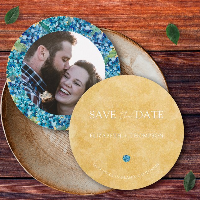 Save The Date Mariage Rond Moderne Sable Bleu Hydrangea (Créateur téléchargé)