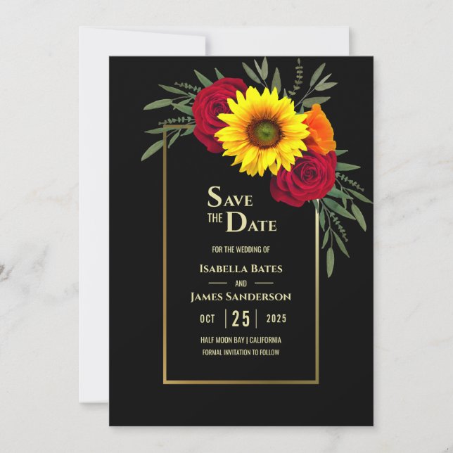 Save The Date Mariage Rose Black Gold Sunflower Bourgogne Enregi (Devant)