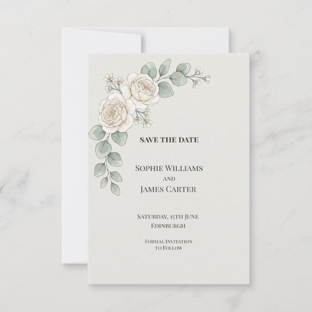 Save The Date Mariage Rose Blanche Eucalyptus (Devant)