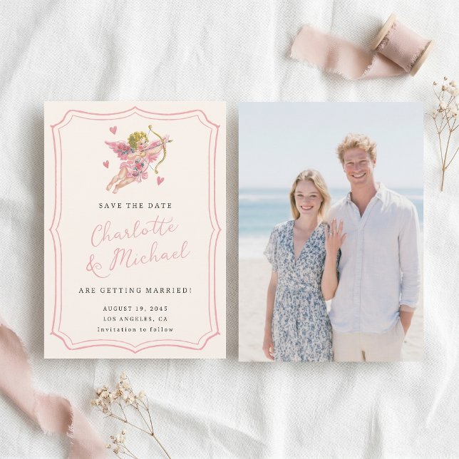 Save The Date Mariage Rose Cherub Cupidon Rétro Écrit à la Main (Créateur téléchargé)