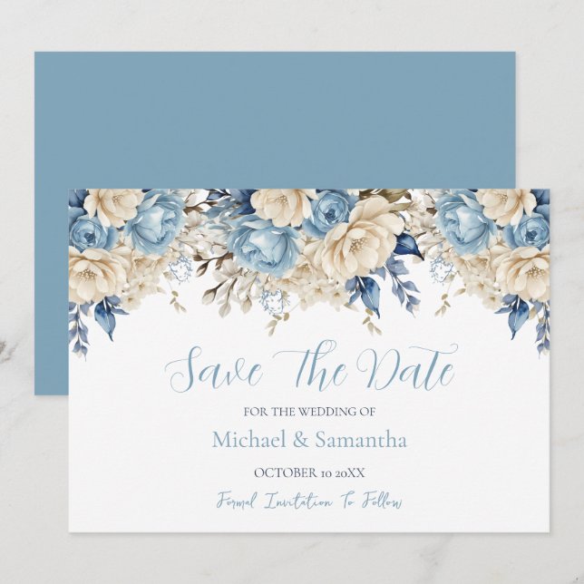 Save The Date Mariage Rose élégant bleu et ivoire (Devant / Derrière)