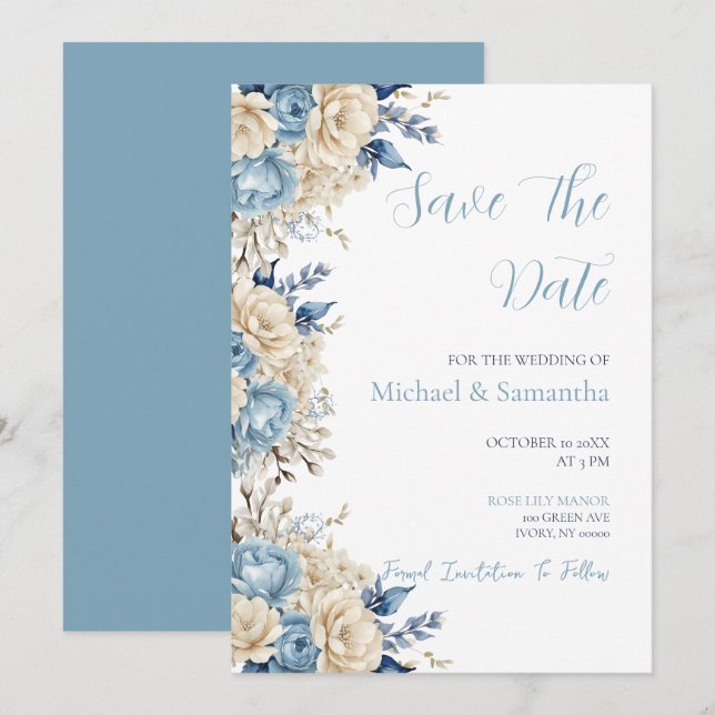 Save The Date Mariage Rose élégant bleu et ivoire (Devant / Derrière)