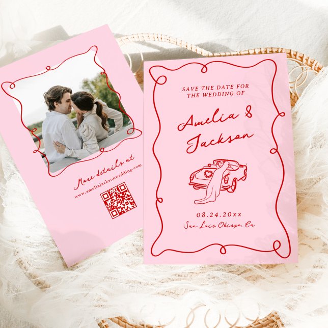 Save The Date Mariage rose et rouge à main blanche + détails (Créateur téléchargé)