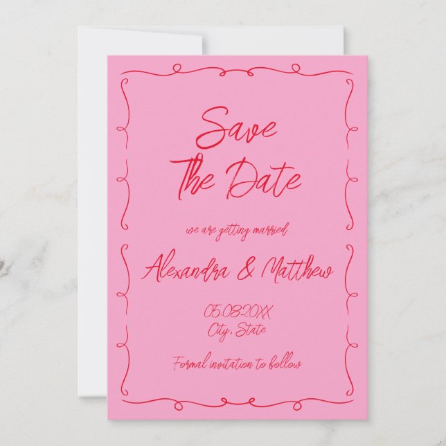 Save The Date Mariage Rose et Rouge au Gribouillis Fantaisiste D (Devant)