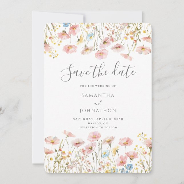 Save The Date Mariage rose Fleur sauvage (Devant)