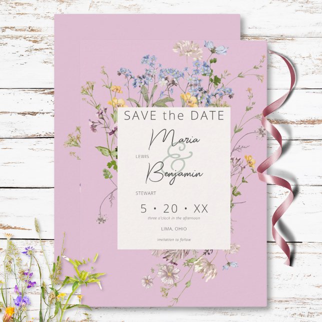 Save The Date Mariage rose Fleur sauvage Boho délicat (Delicate Boho Wildflowers Pink Wedding Save The Date)