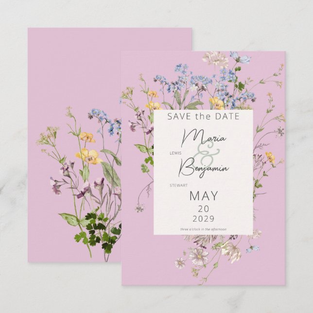 Save The Date Mariage rose Fleur sauvage Boho délicat (Devant / Derrière)