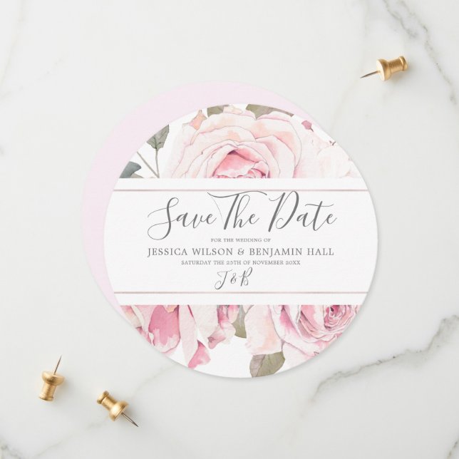 Save The Date Mariage Rose Floral Aquarelle Rose Clair  (Devant/Arrière en situation)
