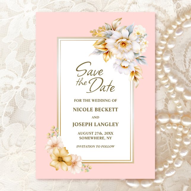 Save The Date Mariage rose floral blanc Enregistrer la date (Créateur téléchargé)