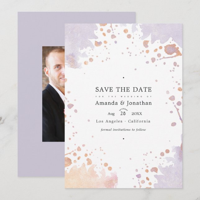Save The Date Mariage Rose Gold et Violet Pastel à taches de pei (Devant / Derrière)