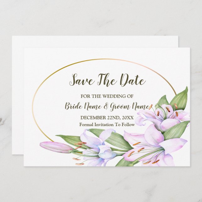 Save The Date Mariage Rose Lily Fleurs Or Frame Belle (Devant / Derrière)