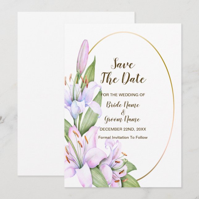 Save The Date Mariage Rose Lily Fleurs Or Frame Belle (Devant / Derrière)