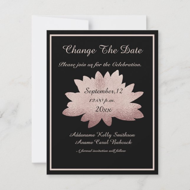 Save The Date Mariage Rose or Floral moderne Black Change / (Devant)