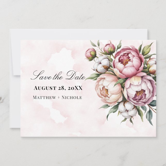 Save The Date Mariage rose pivoine et coton (Devant)