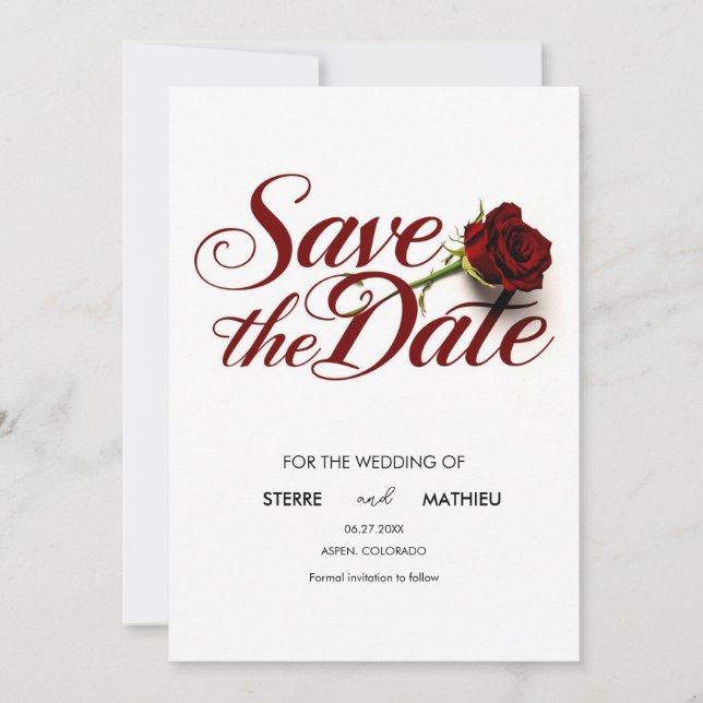 Save The Date Mariage Rose rouge personnalisé (Devant)
