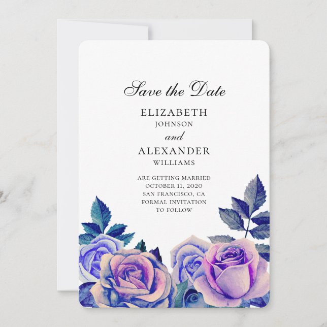 Save The Date Mariage roses bleues et violettes à conserver pour (Devant)