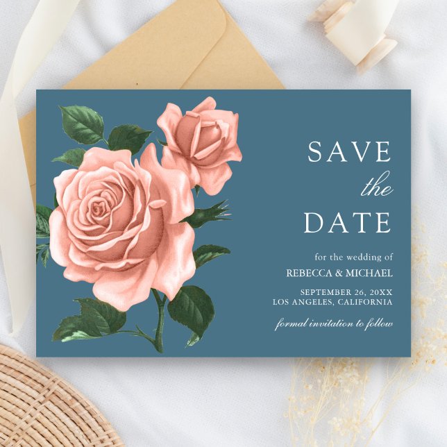 Save The Date Mariage Roses Pêches Bleu Poussiéreux Rustique (Créateur téléchargé)