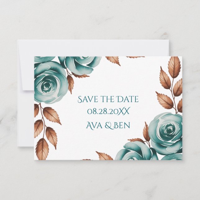 Save The Date Mariage Roses sarcelles et Feuilles de bronze (Devant)