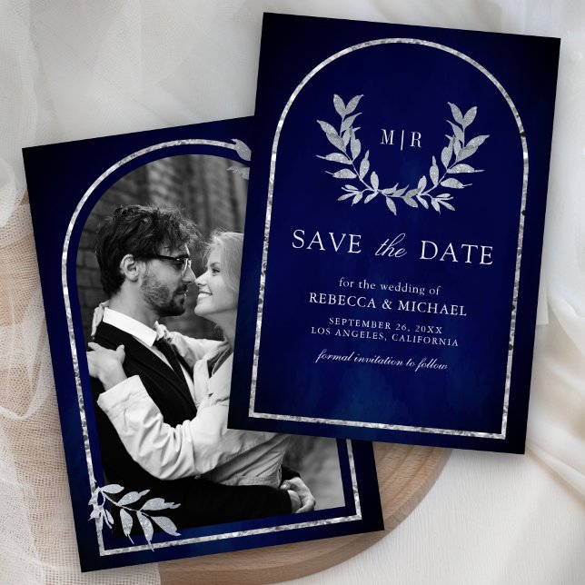 Save The Date Mariage royal bleu Feuille Silver Laurel (Créateur téléchargé)