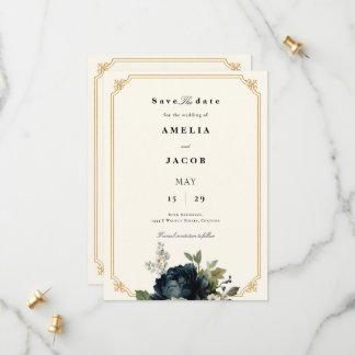 Save The Date Mariage Royal Bleu Pivoine avec Cadre Doré