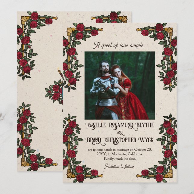 Save The Date Mariage RPG sur le thème des roses rouges Monogram (Devant / Derrière)