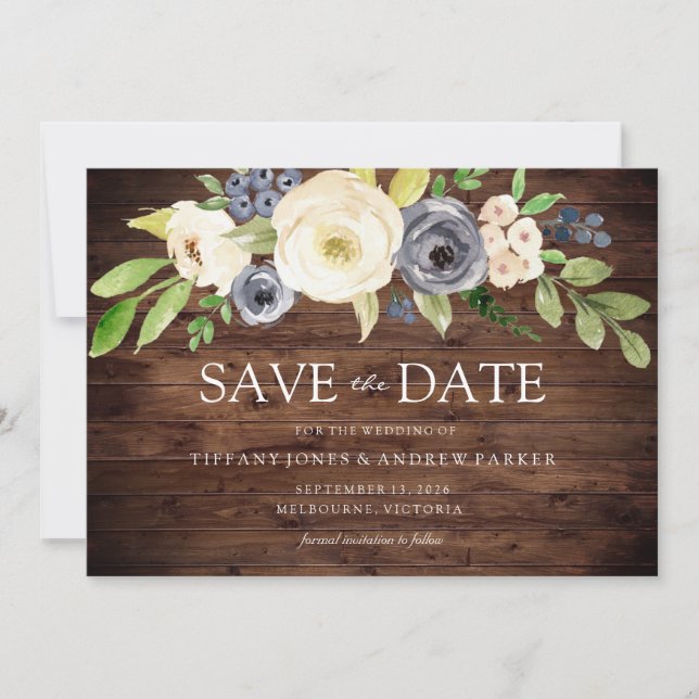 Save The Date Mariage Rustic Navy & White Watercolor (Devant)