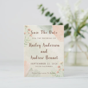 Save The Date Mariage rustique aquarelle pêche et vert