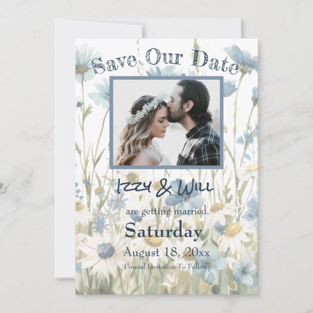 Save The Date Mariage rustique avec des marguerites et du denim  (Devant)