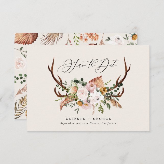 Save The Date Mariage rustique avec feuillage, fleurs et cerf (Devant / Derrière)