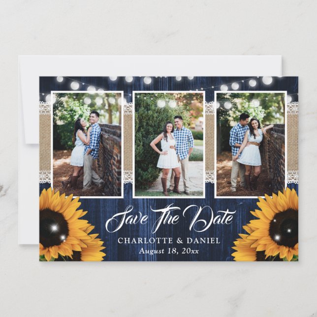Save The Date Mariage Rustique Bleu Nuit Photo Tournesol (Devant)