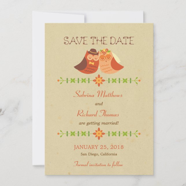Save The Date Mariage Rustique Boho Tourtereaux Hibou Couple (Devant)