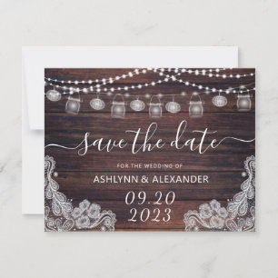 Save The Date Mariage Rustique Bois Mason Lumières Jar ENREGISTR