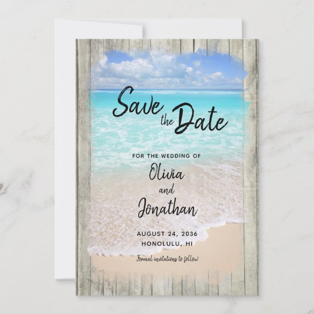 Save The Date Mariage Rustique Bois Plage Océan Bleu Aqua (Devant)