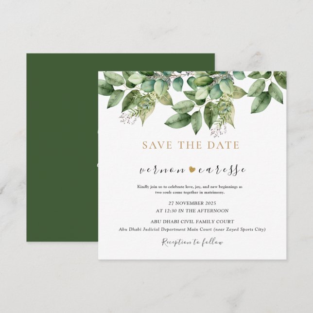 Save The Date Mariage Rustique Botanique Vert & Feuillage Doré 1 (Devant / Derrière)