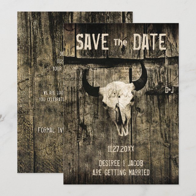 Save The Date Mariage Rustique Crâne De Vache Occidentale Enregi (Devant / Derrière)