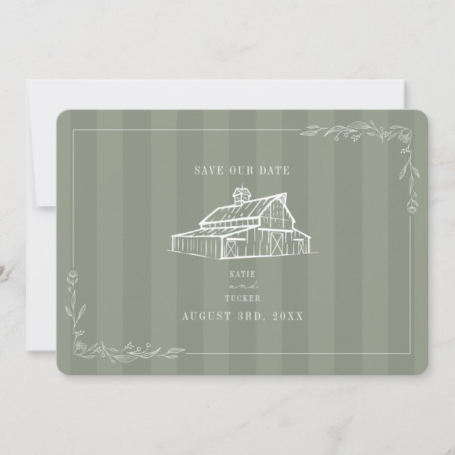 Save The Date Mariage Rustique dans une Grange avec Rayure Vert  (Devant)