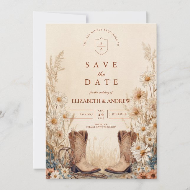 Save The Date Mariage rustique de bottes de marguerite (Devant)