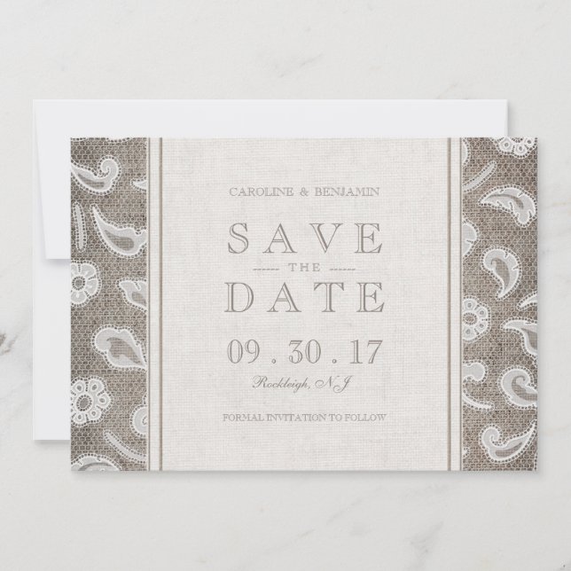 Save The Date Mariage rustique de campagne en dentelle et toile  (Devant)