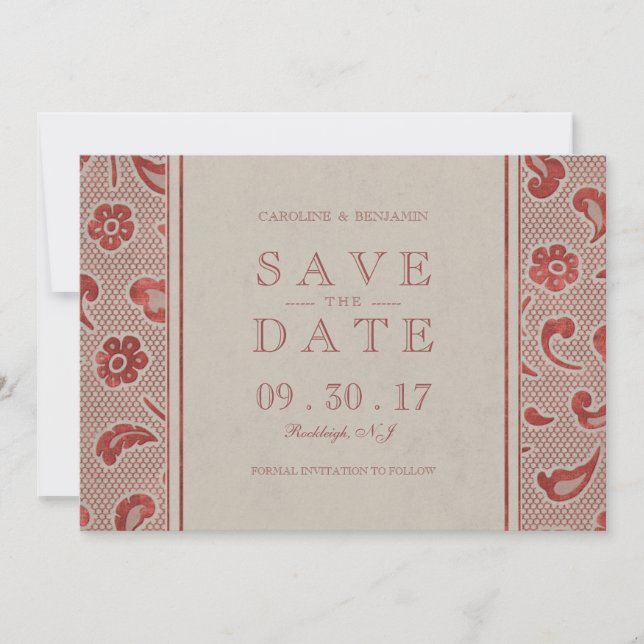Save The Date Mariage rustique de dentelle rouge Kraft enregistr (Devant)