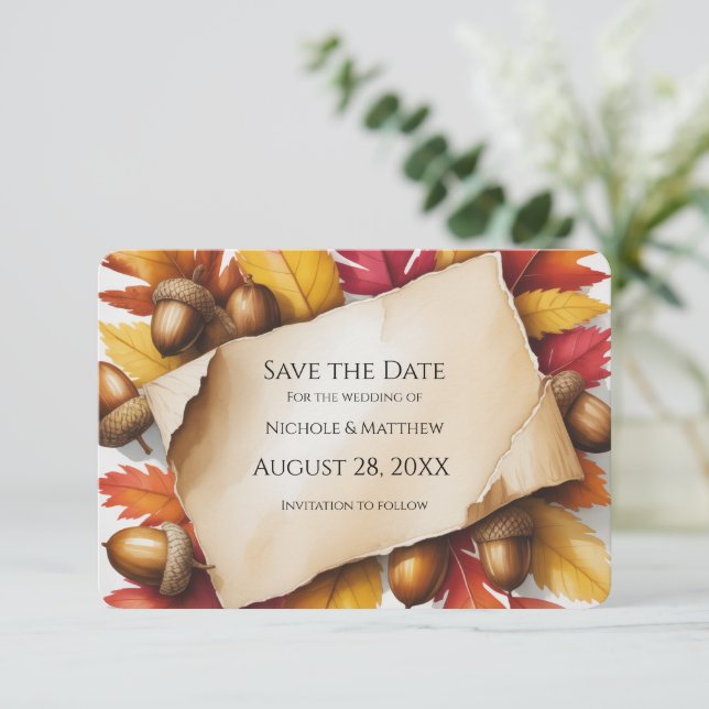 Save The Date Mariage rustique de feuilles d'automne et de gland (Debout devant)