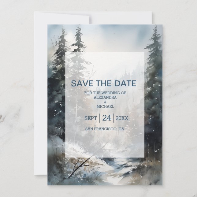 Save The Date Mariage rustique de l'arbre de pin aquarelle (Devant)