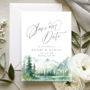 Save The Date Mariage rustique de montagne forestière à l'aquare