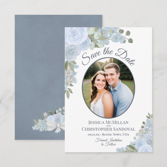 Save The Date Mariage Rustique de Roses Aquarelles Bleu Poussiér (Devant / Derrière)